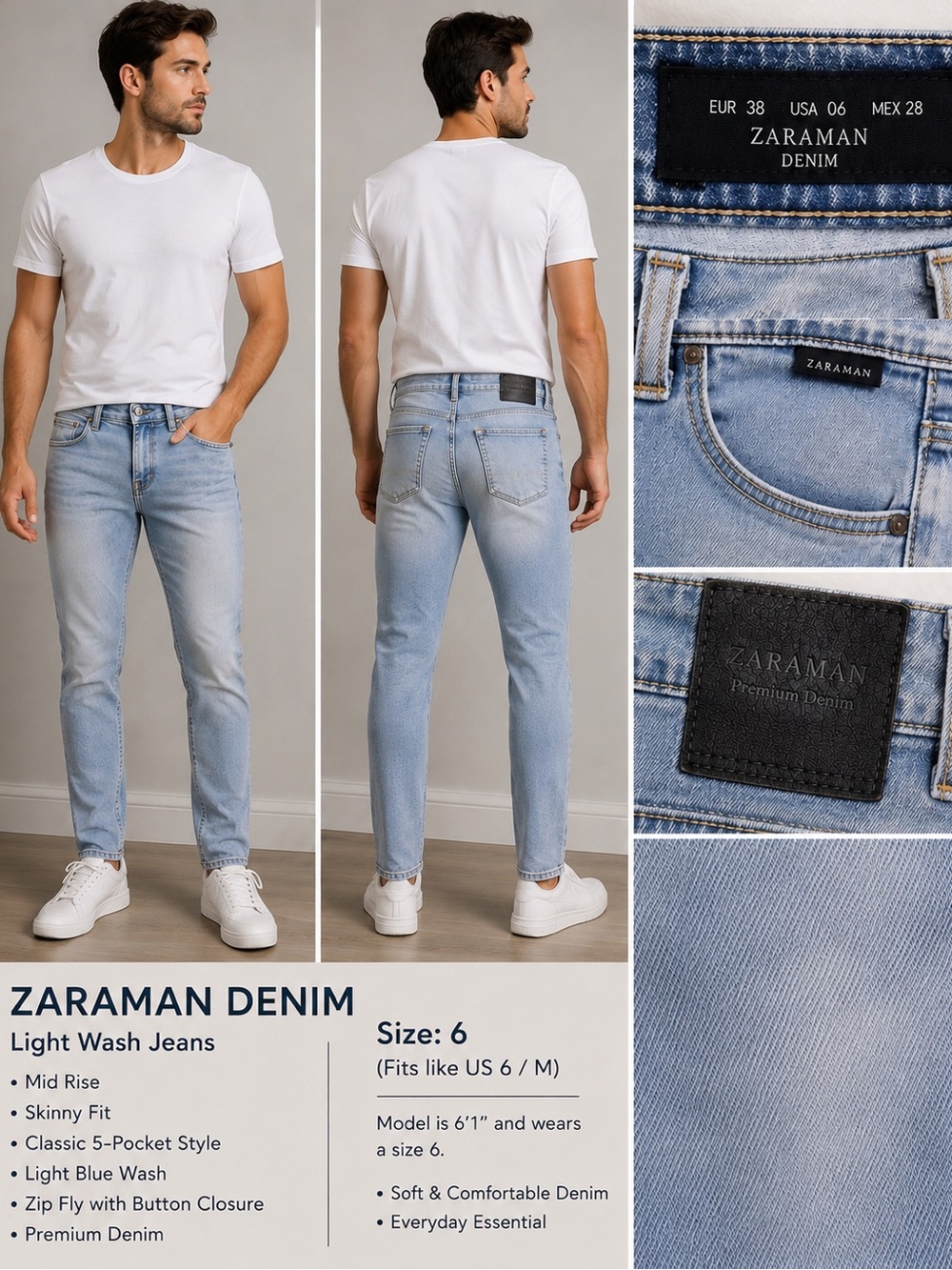 Zara Man Light Wash Slim Fit Stretch Jeans Men’s Size 30 Light Blue Denim